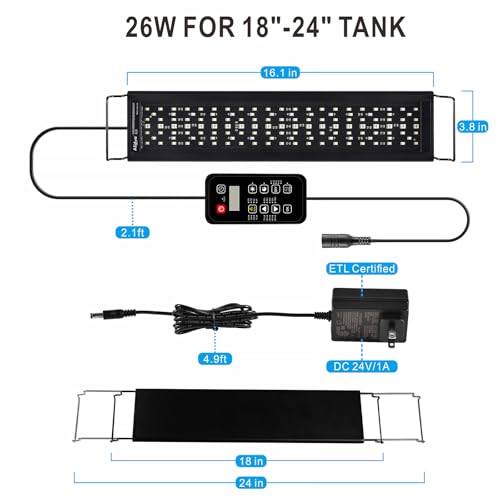 Advanced 7-Row LED Aquarium Light, Easy Setup Controller, Auto On Off Full Spectrum Fish Tank Light, 24/7 Lighting Cycle, 8 Colors, 10 Level Dimming, 26W for 18"-24" Freshwater Planted Tank - size: 18-24 inches