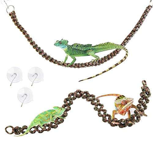 2 Pcs Reptile Vines for Climbing Bendable Jungle Vines Made of Handmade Umbrella Cord Weaving Rope Decor with 3 Suction Cup Accessories for Chameleon Crab Lizards Snakes Gecko Frog Hermit Crab