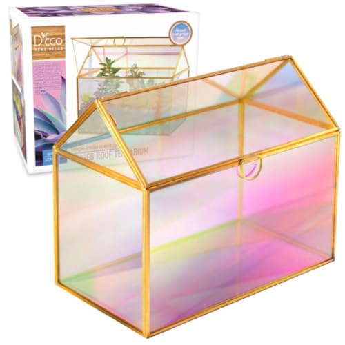 D'Eco Iridescent Glass House Centerpiece (10x6x8)- Planter Terrarium- Spring Home Decor & Wedding Letterbox - Fill with Succulents, Cacti, Air Plants, Moss, Flowers for Plant Lovers - color: Iridescent Gold
