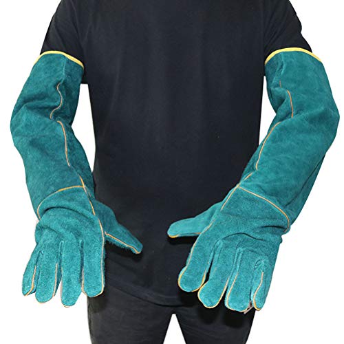 JTLB Animal Handling Gloves Bite Protection Gloves Pet Grasping Long Leather Protective with Breathable Sweat Absorbent Cowhide for Garden Cutting Veterinary Animal (Dark Green)