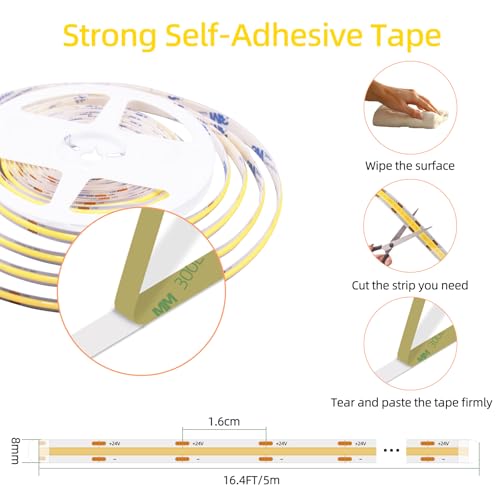 LED Strip Lights 24V COB Pink 16.4ft (No Power Supply) | Super Bright, Dotless High Density 14W/m, 8mm Width Cuttable Flexible, Home DIY Commercial Decoration - color: Pink (Only LED Strip)