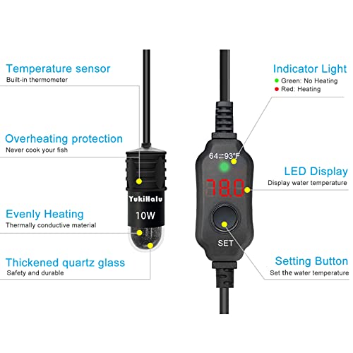 YukiHalu USB Powered Aquarium Heater, 10W Adjustable Mini Fish Tank Heater with External Temperature Controller, LED Display, Used for 0.5-1 Gallon Tank (10W USB Adapter) - size: 10 Watts (USB + adapter)
