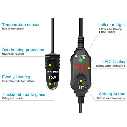 YukiHalu USB Powered Aquarium Heater, 10W Adjustable Mini Fish Tank Heater with External Temperature Controller, LED Display, Used for 0.5-1 Gallon Tank (10W USB Adapter) - size: 10 Watts (USB + adapter)