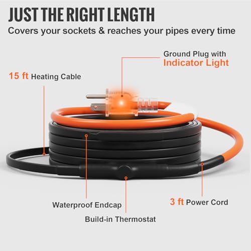 VEVOR Self-Regulating Pipe Heating Cable, 15FT 5W/FT Heat Tape for Pipes Freeze Protection, Water Pipe Heat Cable with Built-in Thermostat Protects PVC Hose, Metal and Plastic Pipe from Freezing - size: 15 Feet