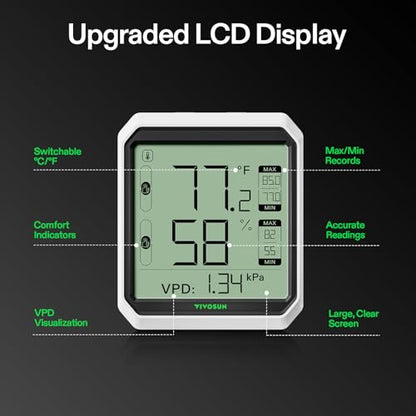 VIVOSUN AeroLab THB1 Wireless Bluetooth Hygrometer Thermometer Indoor, Smart Temperature Monitor, VPD, Digital Humidity Meter, LCD Remote Control & Alert, Data Storage, Dual Channels, Battery Included - style: Thermometer