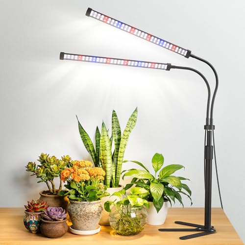 Grow Lights for Indoor Plants, Full Spectrum LED Plant Light with 9.8-35 in Tripod Stand, 120 LEDs 5700K, 4/8/12H Auto Timer, 5 Brightness Levels - size: Stand-2Head