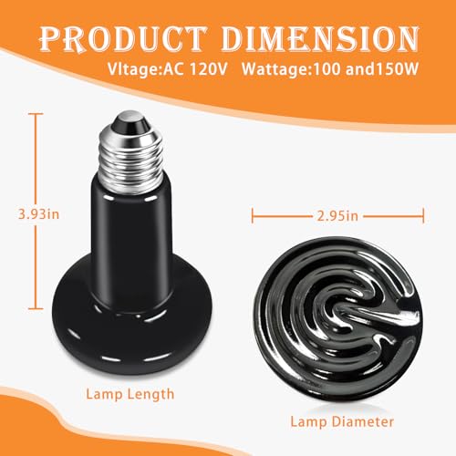 Ceramic Heat Emitter 2 Pack, 100W and 150W Reptile Heat Lamp, Heat Bulb for Lizards Bearded Dragons Snakes Turtles and Chickens - size: 100 & 150