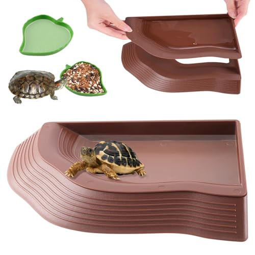 Tortoise Water Dish with Ramp, 3-Piece Tortoise Food & Water Bowls with Leaf Food Dish for Small Reptiles like Bearded Dragon, Gecko & Lizard