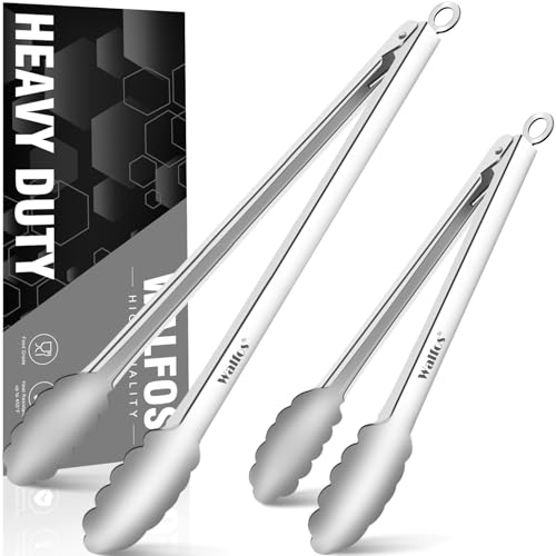 Tong for cooking, Walfos kitchen tongs set of 2 - Heat Resistant 600℉, Heavy Duty Locking Metal cooking Tongs, Stainless Steel BBQ Grilling,(All Metal 12in+16in) - color: All Metal, size: 12in+16in