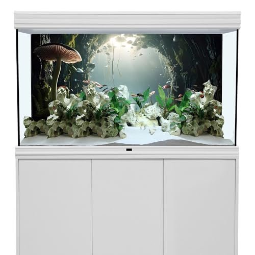 AWERT 48x20 inches Aquarium Background Foggy Stone Mushroom Moss Terrarium Background Polyester Green Plants Cave Fish Tank Background - size: 48x20in/120x50cm