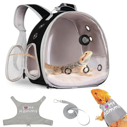 Bearded Dragon Travel Backpack Carrier with Reptile Thermometer and Humidity Gauge Lizard Travel Cage Space Capsule Clear Bubble Window Astronaut Reptile Bag for Ball Python (Black, Backpack+I LSH) - color: Black, size: Backpack+I LSH