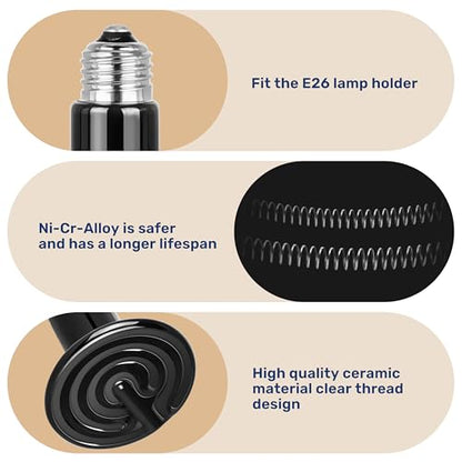 YSSOA 100W Ceramic Heat Emitter, Reptile Heat Bulbs, Ceramic Heat Lamp for Reptiles, Amphibian, Chicken, Dog, Cat, 1 Pack, Black - color: Black, size: 1 Pack, style: 100W