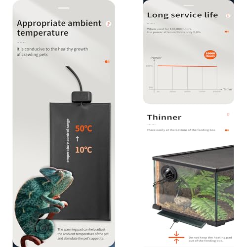 Timeable Temperature-Controlled Reptile Heating Pad, 10-50°C Adjustable, Graphene Chip Rapid Heating, IPX7 Waterproof, Multiple Sizes for Turtles Lizards Frogs，12x98cm/4.7x38.6in (32W) - size: 12x98cm/4.7x38.6in (32W)