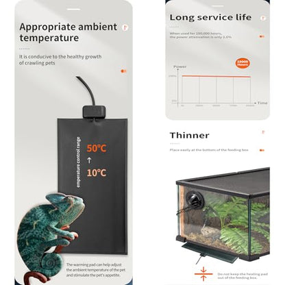 Timeable Temperature-Controlled Reptile Heating Pad, 10-50°C Adjustable, Graphene Chip Rapid Heating, IPX7 Waterproof, Multiple Sizes for Turtles Lizards Frogs，12x108cm/4.7x42.5in (35.5W) - size: 12x108cm/4.7x42.5in (35.5W)