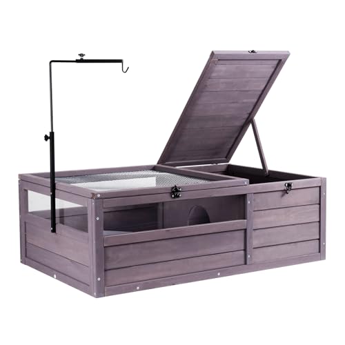 Happybuy Tortoise Habitat, Wooden Tortoise House Indoor & Outdoor, Tortoise Enclosure with Adjustable Lamp Holder, 2-Room Reptile Enclosure Small Animal Cage for Gecko, Lizard, Snake 38x24x13 inch