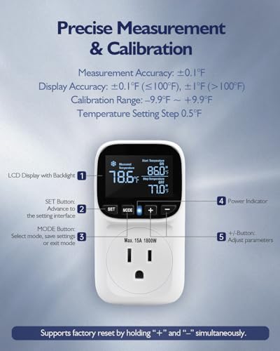 Digital Temperature Controller, Heating & Cooling Thermostat Plug Outlet, –40°F~210°F, 15A 1800W, LCD Display, Temperature Controlled Outlet for Home, Greenhouse, Chicken Coop, Reptile - style: White