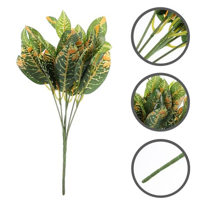 Artificial Croton Plants 4pcs 7-Branch Fake Golden Leaves Real Touch Tropical Greenery for Indoor Terrarium Decor and DIY Wreath Crafts