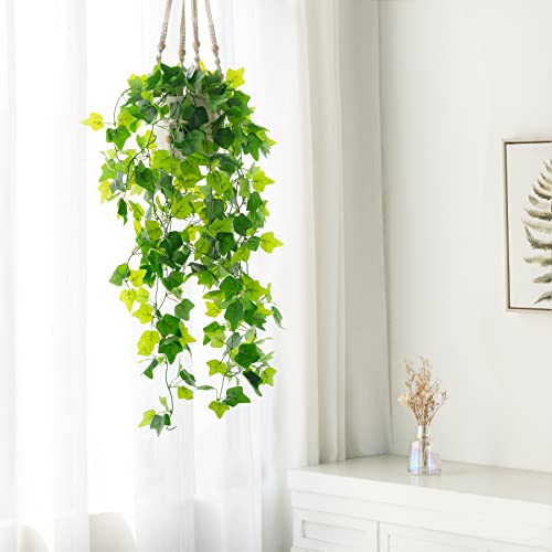 Dahey Fake Hanging Plants Artificial Decor Macrame Hanger with Artificial Vines in Pots Greenery for Wall Ceiling Bedroom Bathroom Indoor Home Decor, 1 Pack