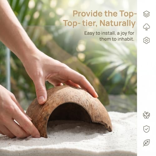 SHINEOFI Coconut Shell Hideout with 8 Large Hermit Crab Seashells Natural Reptile Shelter Small Pet Hide Cave for Aquarium Turtle Rest Hut and Lizard Habitat Decor