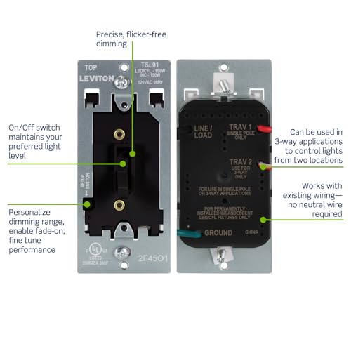 Leviton Toggle Slide LED Advanced Dimmer Switch for 150W Dimmable LED, Halogen and Incandescent Bulbs and Fixtures, TSL01-10E, Black - color: Black