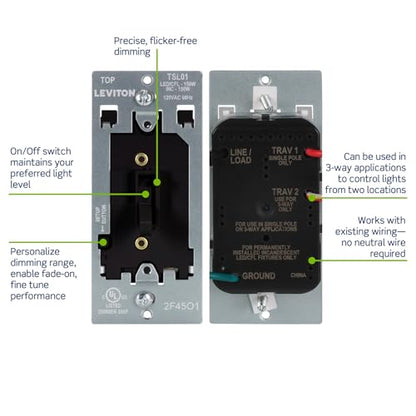 Leviton Toggle Slide LED Advanced Dimmer Switch for 150W Dimmable LED, Halogen and Incandescent Bulbs and Fixtures, TSL01-10E, Black - color: Black
