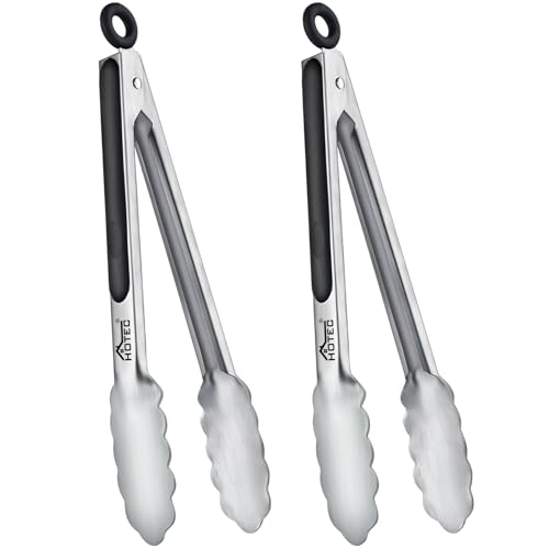 Hotec Stainless Steel Kitchen Tongs, Set of 2-9", Locking Metal Food Tongs for Cooking, Serving, BBQ, Grill Non-Slip Grip - size: 2pack: 9inch