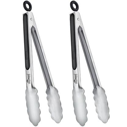 Hotec Stainless Steel Kitchen Tongs, Set of 2-9", Locking Metal Food Tongs for Cooking, Serving, BBQ, Grill Non-Slip Grip - size: 2pack: 9inch