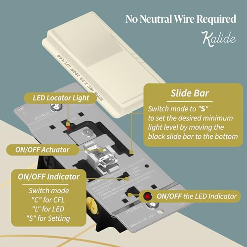 TOPGREENER Kalide Dimmer Light Switch, LED Dimmer Switch, Full Range Dimming, Single Pole/3-Way, 120VAC, 60Hz, 300W LED/CFL, Neutral Wire Not Required, Wall Plate Included, Light Almond - color: light almond