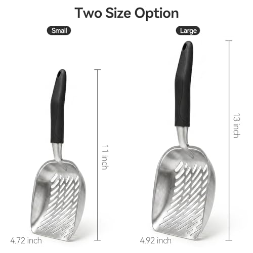 Cat Litter Scoop, Kitty Metal Scooper, Heavy Duty Aluminum Deep Sifter with Long Handle, Rustproof Durable Kitten Poop Shovel for Travel & Small Litter Box - color: Black, size: Medium