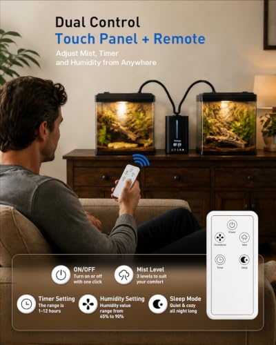 1.32 Gal / 5L Reptile Fogger Humidifier, with Remote & Timer, with Precise Humidity Control, Terrarium Humidifier Suitable for indoor Plants, Grow Tent, Greenhouse, Reptiles & Amphibians (Dual Hose)