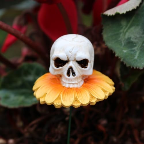 Resin Daisy Flower Skull Head Statue Plant Stakes Set of 3, Skull Garden Plant Accessories, Decorative Plant Picks, Indoor Outdoor Halloween Planter Pot Decorations Bonsai Crafts