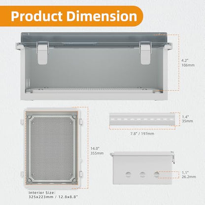 Joinfworld Clear Electrical Enclosure Box 14x10x6 for WiFi Router | Weatherproof ABS box: insulation, vented, DIN rail, grid plate, 2 NPT3/4" glands, wall mount for Light WIFI Security - size: 13.8"x9.8"x5.9" Clear