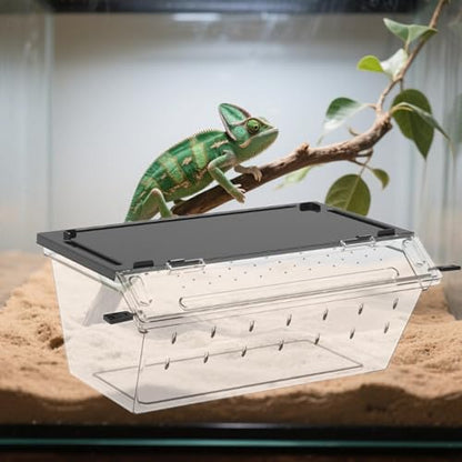 Reptile Feeding Box Breeding Tank Portable Carrier Acrylic Clear Enclosure Cage for Gerbil Turtle Chameleons Geckos Frogs, Black