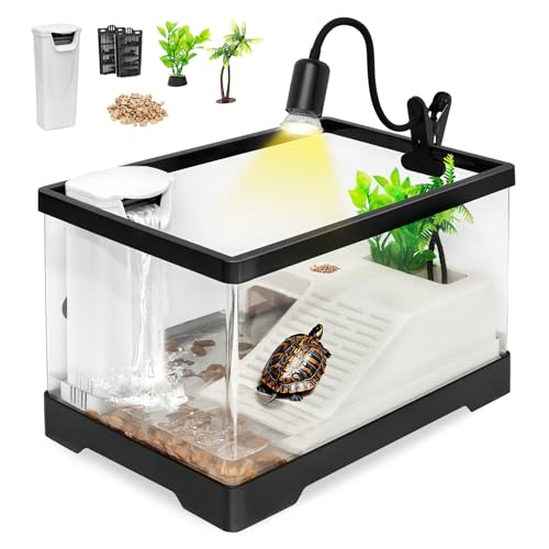 Medium Turtle Tank Kit,All in One Red Eared Slider Starter Aquarium | PC Aquatic Habitat for Baby Tortoise,Fishes,Includes Silent Filter,Filter Plates,UVB Lamp,Bulb,Plants,Stone,Basking Platform - size: Medium(15.8*7.8*8.7inch)