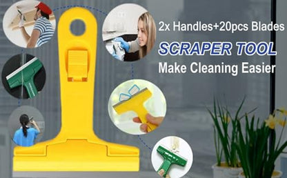 2pack Razor Blade Scraper, Industry Glass Window Scraper, Heavy Duty Cleaning Scraping Hand Tool with 20pcs Blades for Putty Residue Stains Paints Glue Mud Wallpaper Removing Remover Cleaner (Yellow) - color: Yellow