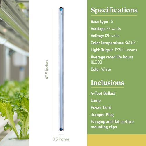 SunBlaster SL0900304 54 Watt 6400K 4' 120V Hydroponic Grow Light Lamp Ballast Fixture with NanoTech T5HO Reflector for Indoor Home Gardens and Plants - size: 4'
