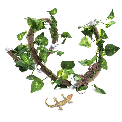 Estink Reptile Vine, 3.28ft Rattan Reptile Climbing Branch Flexible Bendable Jungle Climbing Vine Terrarium Pet Habitat Decor for Fish Tank Reptile Box Aquarium Decoration (Rattan + - size: Rattan + green radish leaves