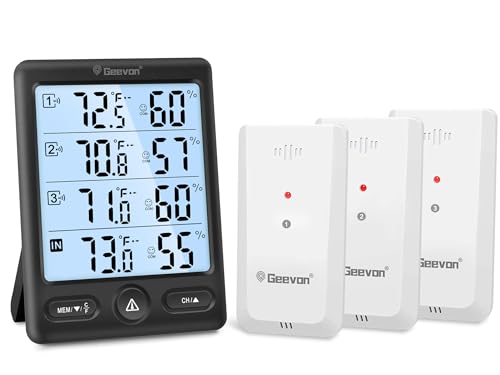 Geevon Indoor Outdoor Thermometer Wireless 3 Remote Sensors, 5-Inch Display Digital Hygrometer Thermometer Temperature Humidity Monitor with 8S Backlight, Battery-Powered - color: Black