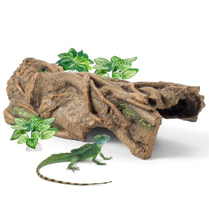 Lizard Snake or Reptile Hide, Large Reptile Hideout Hollow Tree Trunk Ornament Bearded Dragon or Gecko Tank Accessories Terrarium Decor with Peek-Through Hole