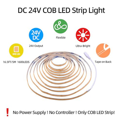 LED Strip Lights 24V COB Warm 3000K 16.4ft/5M (No Power Supply) | Super Bright, Dotless High Density 14W/m, 8mm Width Cuttable Flexible, Home DIY & Commercial Lighting - color: Warm 3000K (Only LED Strip)