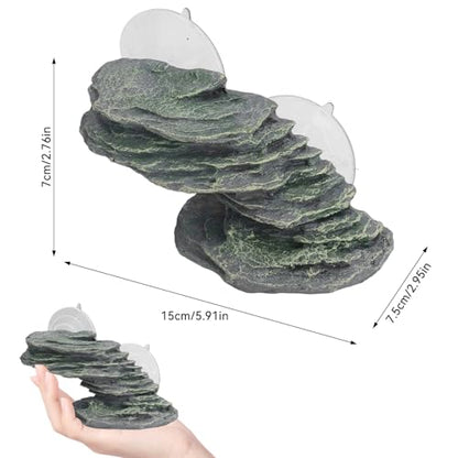 Turtle Basking Platform with Suction Cup, Resin Baby Tortoise Climbing Ramp Rock for Aquarium, Resting Terrace Stone Reptile Dock Ornament for Terrapin Lizard Frogs Newts Tank