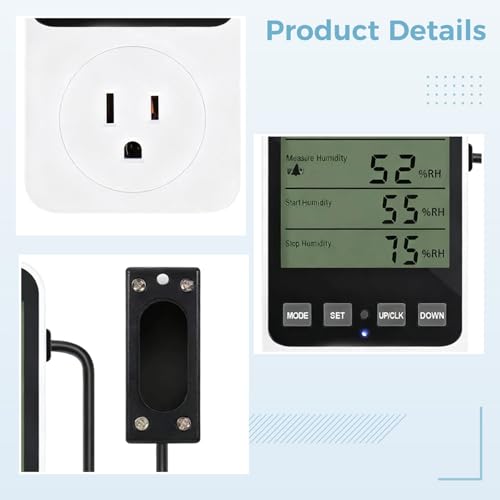 Digital Temperature Humidity Controller Outlet with External Sensor, LCD Display, ±33.8 ℉ and ±1 ℃ Accuracy, 16 A 3680 W Load, 3 Real Time Temperature Displays, for Reptiles, Grow Tents