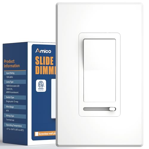 Amico Dimmer Light Switch, Single-Pole or 3-Way Slide Dimmer Switches for Led Lights, Suitable for 150W Dimmable LED/CFL and 600W Incandescent/Halogen, Wall Plate Included, ETL Listed, 1 Pack, White - size: Standard Slide