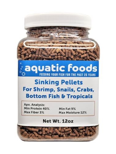Shrimp Pellets, 40% Protein Sinking Pellets, 1/16" x 3/8" for Shrimp, Snails, Crabs, Catfish, Plecos - 12oz Jar