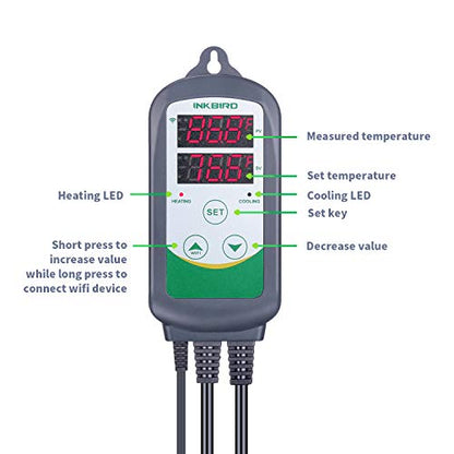 Inkbird WiFi Temperature Controller ITC308 Reptile Freezer Thermostat Digital Heating and Cooling Heater Cooler Greenhouse Plug Outlet 2 Stage 1100W 110V