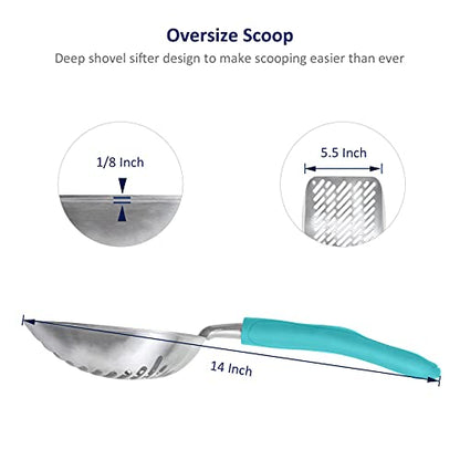 WePet Cat Litter Scoop, Aluminum Alloy Sifter, Kitty Metal Scooper, Deep Shovel with Diagonal Sifting Hole, Long Handle, Kitten Poop Lifter for Litter Box, Large Size, Turkish Blue Handle - color: #02 Turkish Blue, size: Large