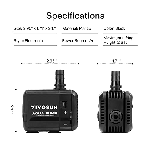 VIVOSUN 130GPH Submersible Pump(500L/H, 6W), Ultra Quiet Water Pump with 2.6ft High Lift, Fountain Water Pump with 5ft Power Cord, 2 Nozzles for Fish Tank, Pond, Aquarium, Statuary, Hydroponics - size: 5"×3"-130