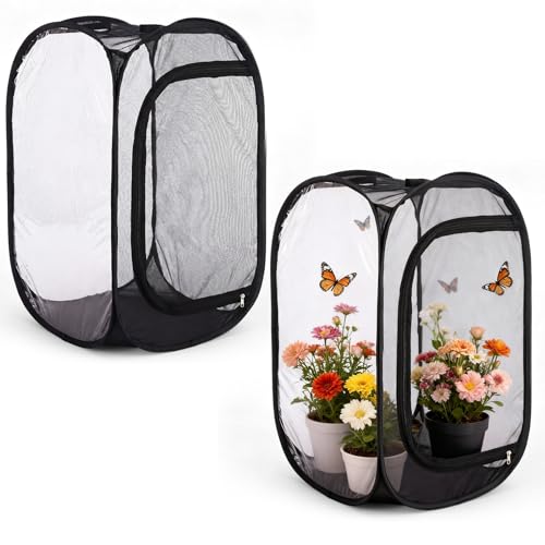 2 Pcs 30 Inch Large Butterfly Habitat Cage Giant Collapsible Insect Monarch Collapsible Heavy Duty Mesh Cage Enclosure Terrarium Pop-up with Zipper Protection, 15 x 15 x 30 Inches