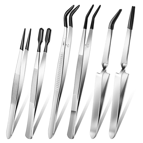 Jingmore 6 Pieces Tweezers with Rubber Tips Rubber Tipped Tweezer Cross Lock PVC Coated Tweezers Craft Jewelry Anti Scratch Long for Crafting Beads Jewelry Stamps Succulents Pet(Black) - color: Black