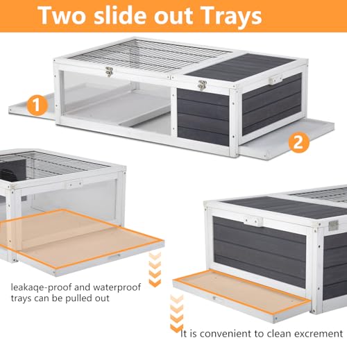 Wooden Tortoise House Tortoise Habitat Tortoise Cage Indoor Outdoor Tortoise Enclosure Large Transparent Tortoise Enclosure with Rest Area Activity Area Removable Tray for Small Medium Animals, Gray